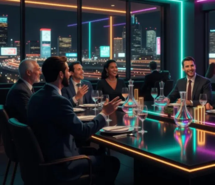 Corporate team gathered around a neon-lit supper table at a Night Stack Supper event in Australia