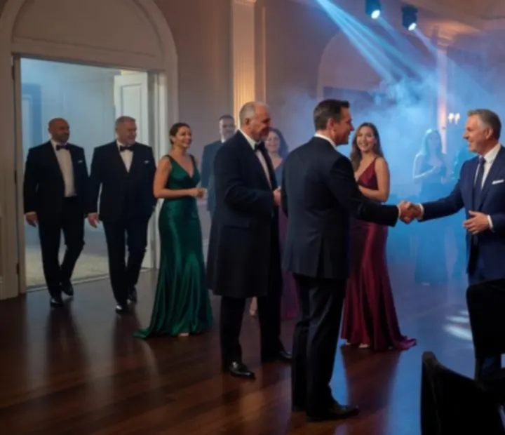 Moody-lit room with guests arriving to a hosted night event