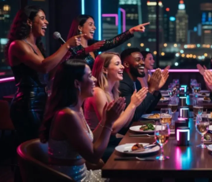 High-energy Night Stack Supper tables with guests laughing and engaging in group challenges