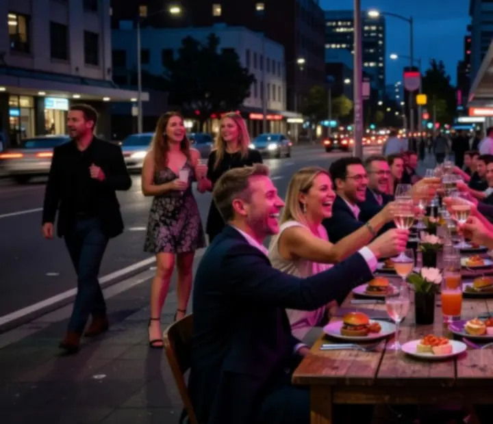 Nightlife supper event with neon-lit tables and guests in lively conversation