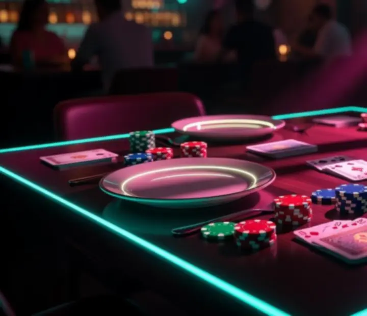 Glowing communal table with supper settings, symbolic chips and playful cards
