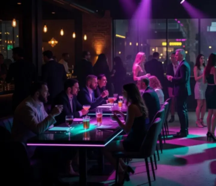 Neon-lit night supper event with stacked social tables in an urban Australian venue