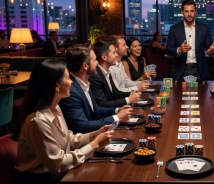 Hosted poker-inspired corporate evening with symbolic chips and colleagues gathered around the table