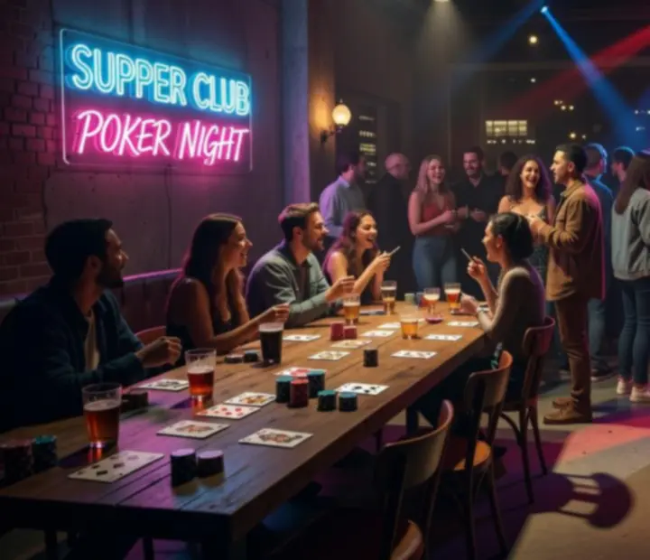 Atmospheric supper table with warm gold lighting and layered nightlife setting