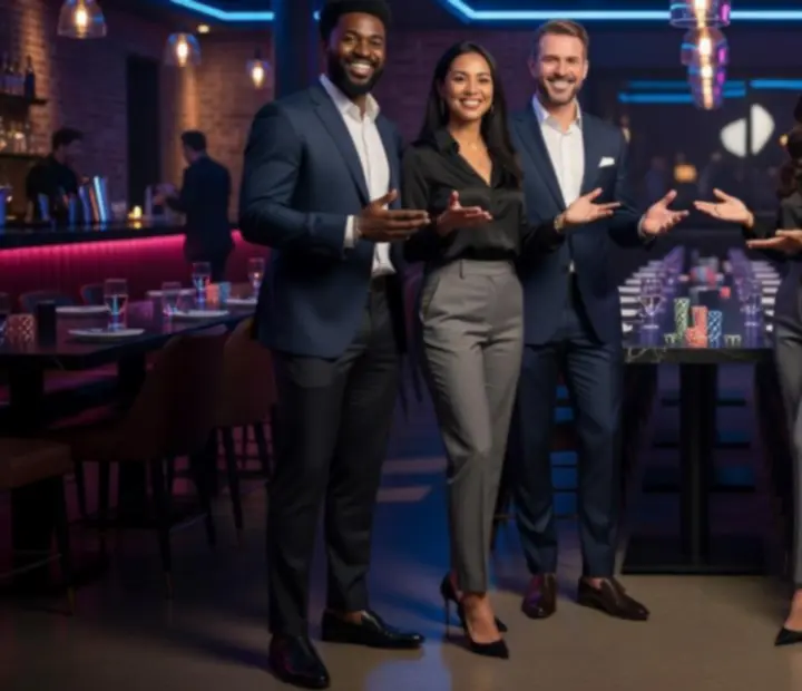 Nightlife table hosts welcoming guests to a Night Stack Supper event