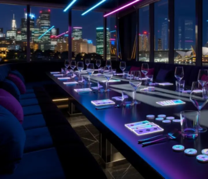 Group enjoying an offline poker-inspired supper table under neon nightlife lighting