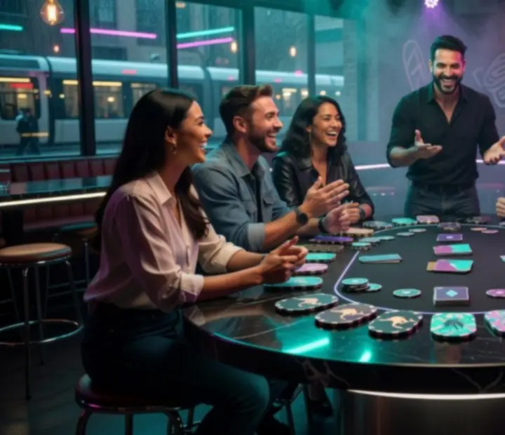 Guests at a poker-inspired social table with symbolic chips