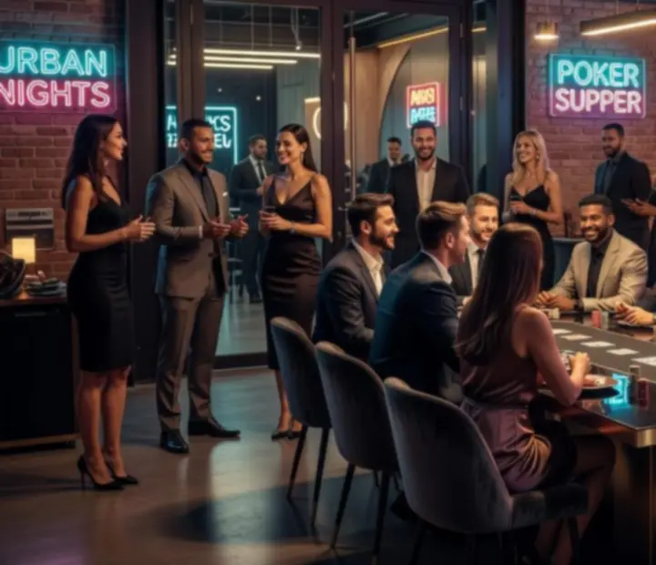 Guests moving through an offline poker evening from supper tables into hosted play under dramatic lighting