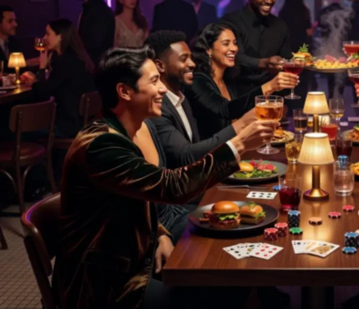Guests sharing a toast and laughing around a Night Stack Supper table with shared plates and symbolic chips