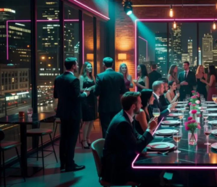 Urban Australian night venue with magenta and blue lighting prepared for a Night Stack Supper